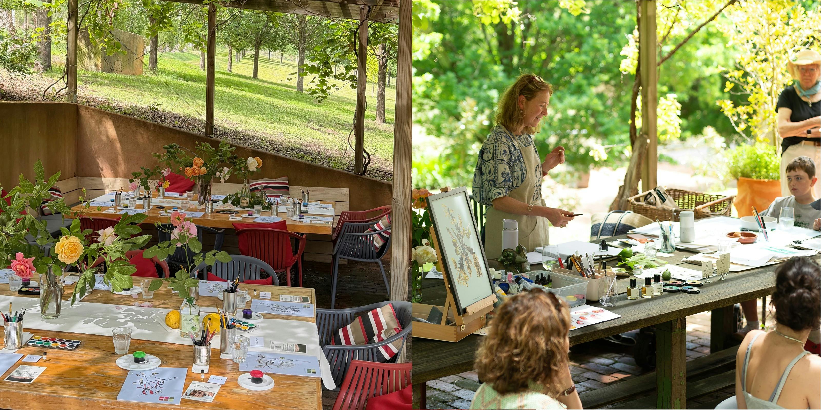 image showing the outdoor studio and Kate drawing