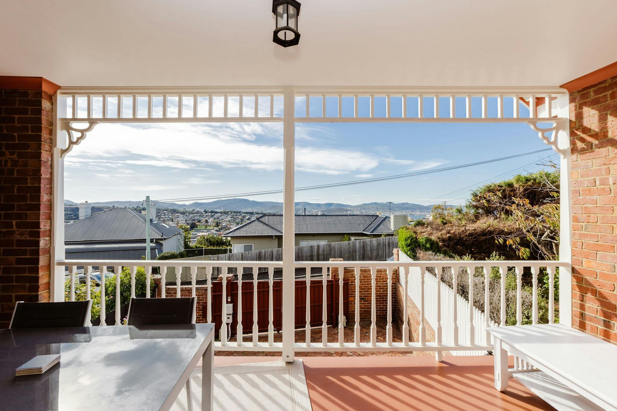 View of Hobart City with glimpses of the sea from the deck
