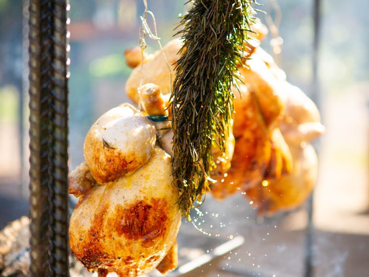 Rosemary sprigs lightly basting 3 chicken carcasses hung to cook over open fire pit.