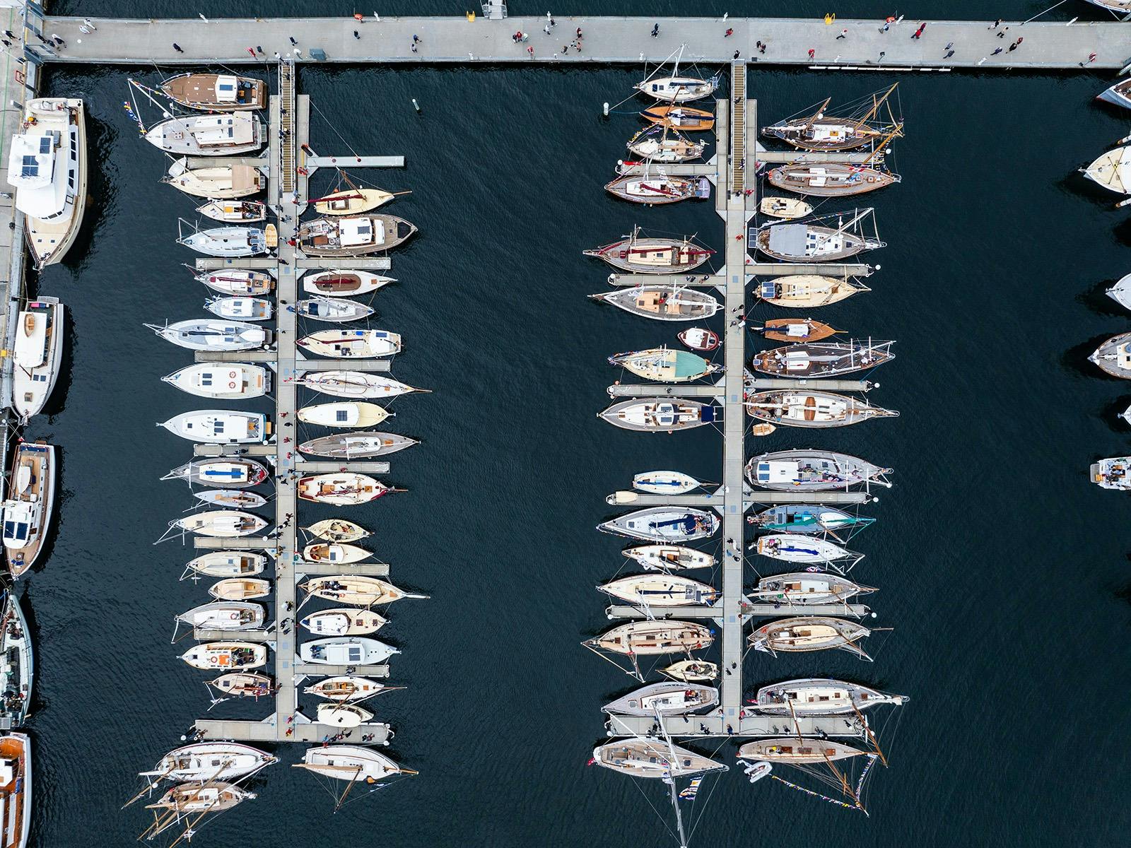 Aerial view of boats berthed at Sullivans Cove.