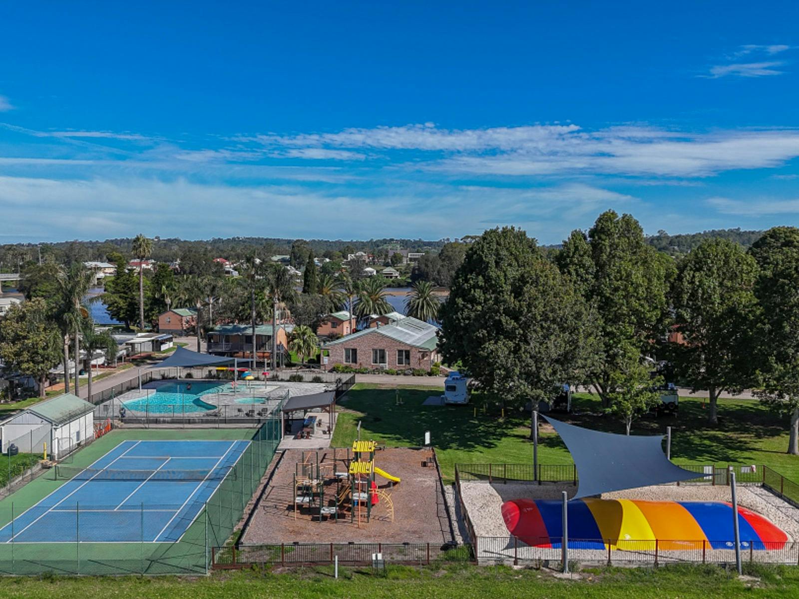 Aerial view of family facilities at Moruya Holiday Park in Moruya, NSW.