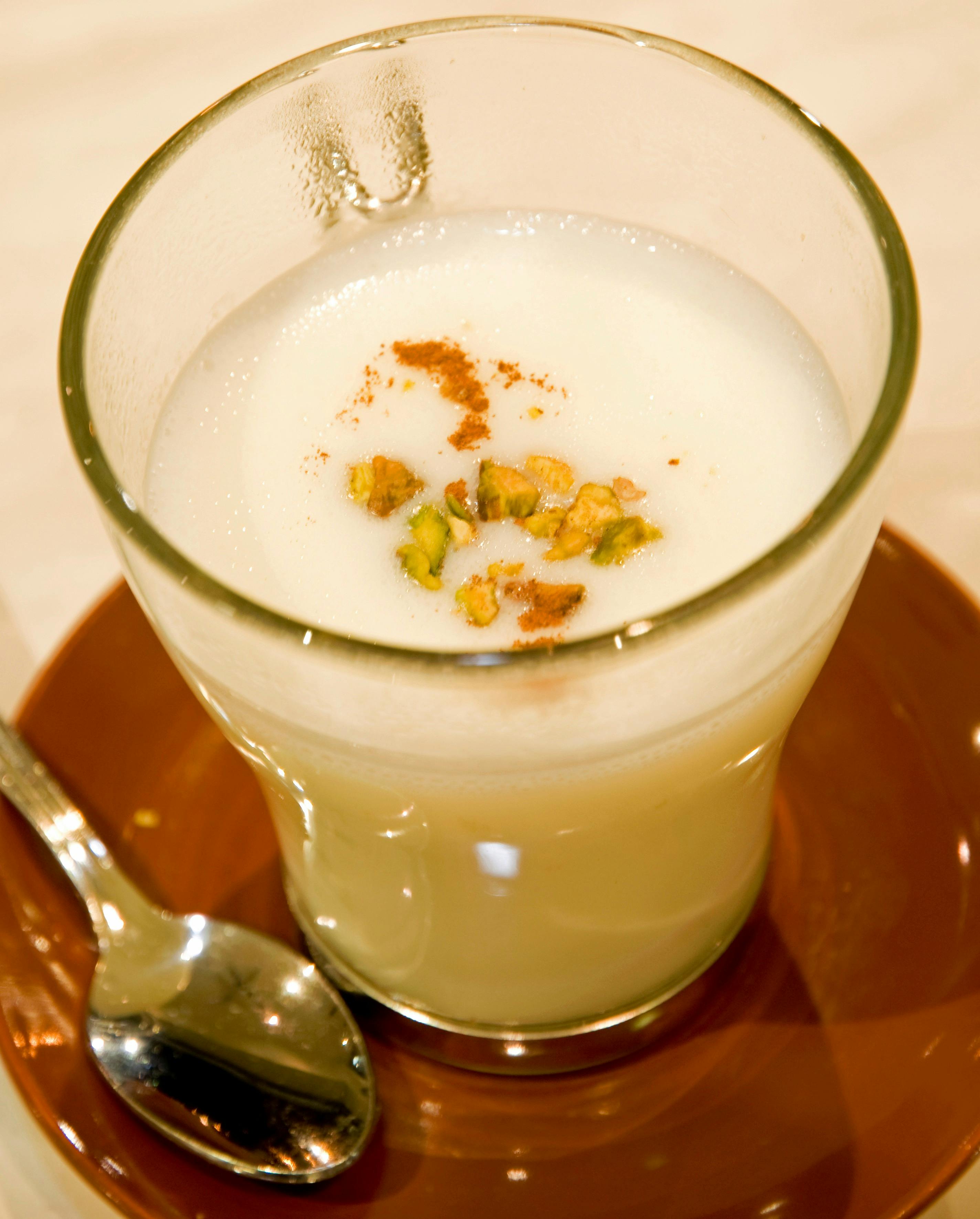 Sakhlab  - a creamy milk based hot drink flavoured with rose water, cinnamon and pistachio