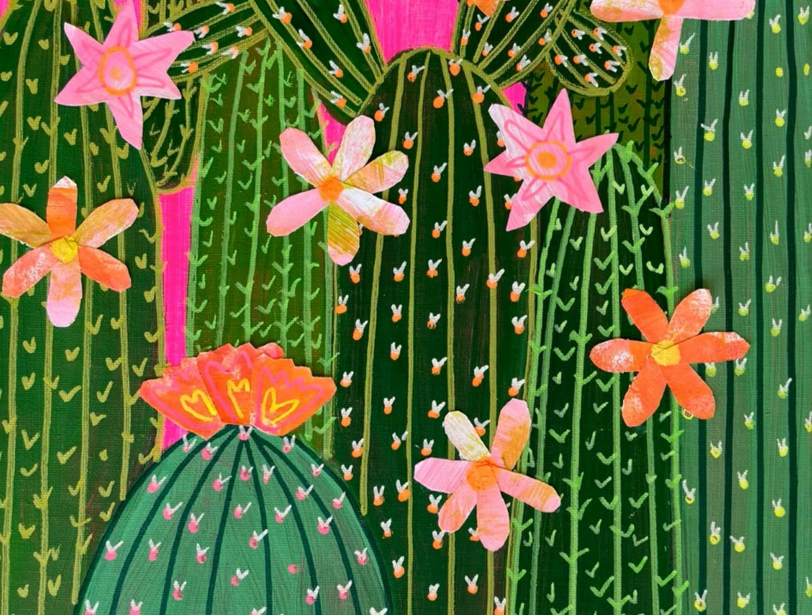 artwork of green cacti with pink flowers