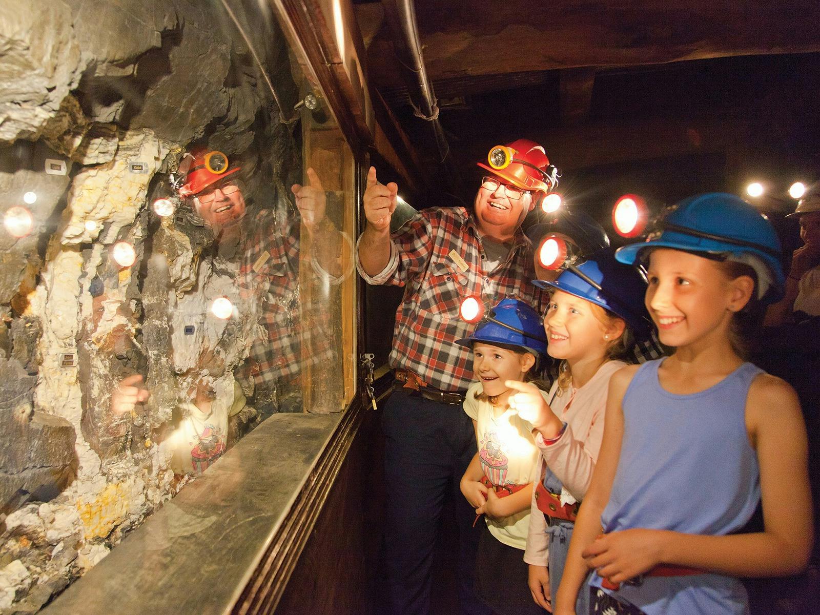 Group looking at gold within rock wall