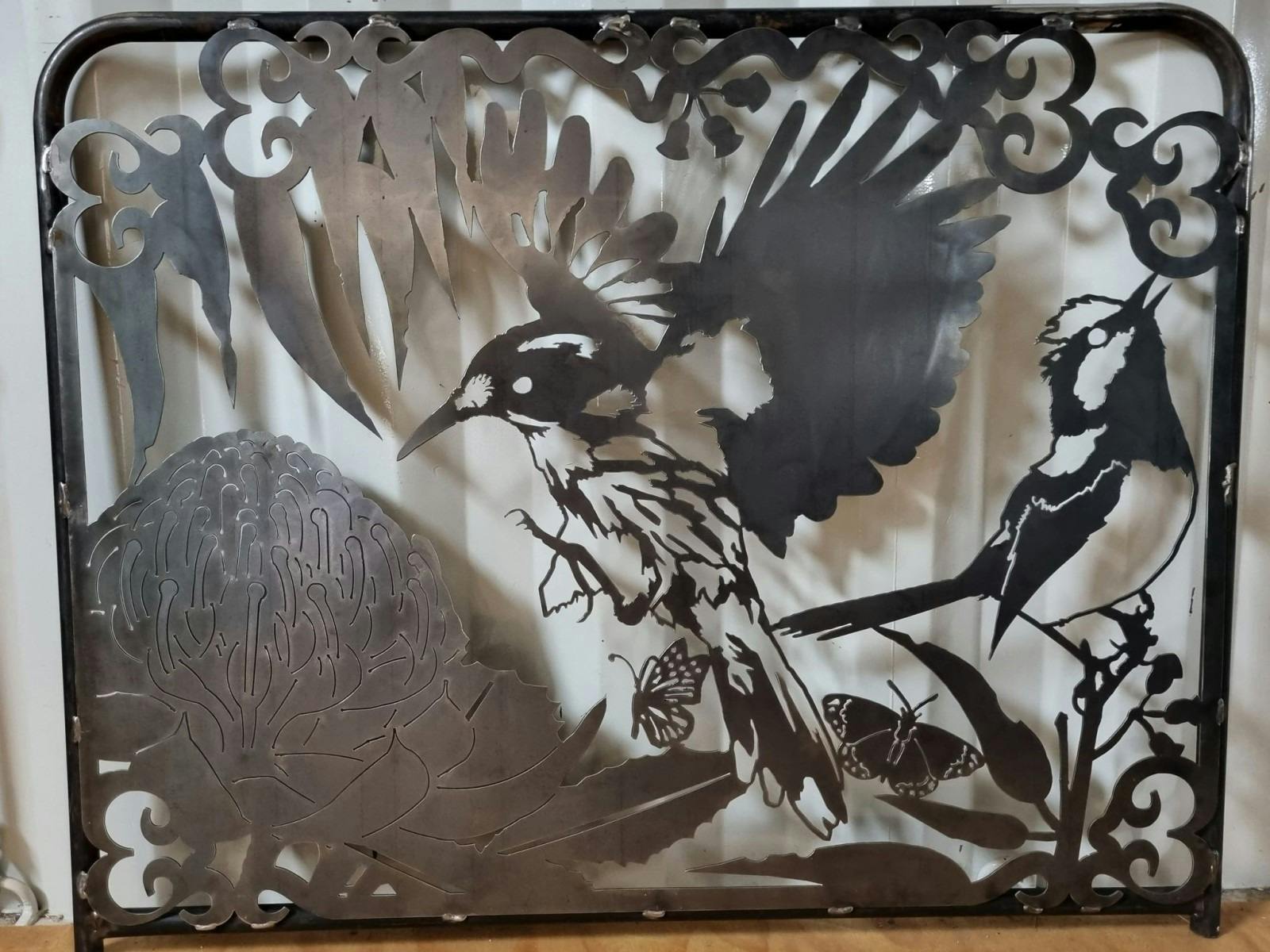 Gate featuring Honey Eater, waratah and Blue Wren