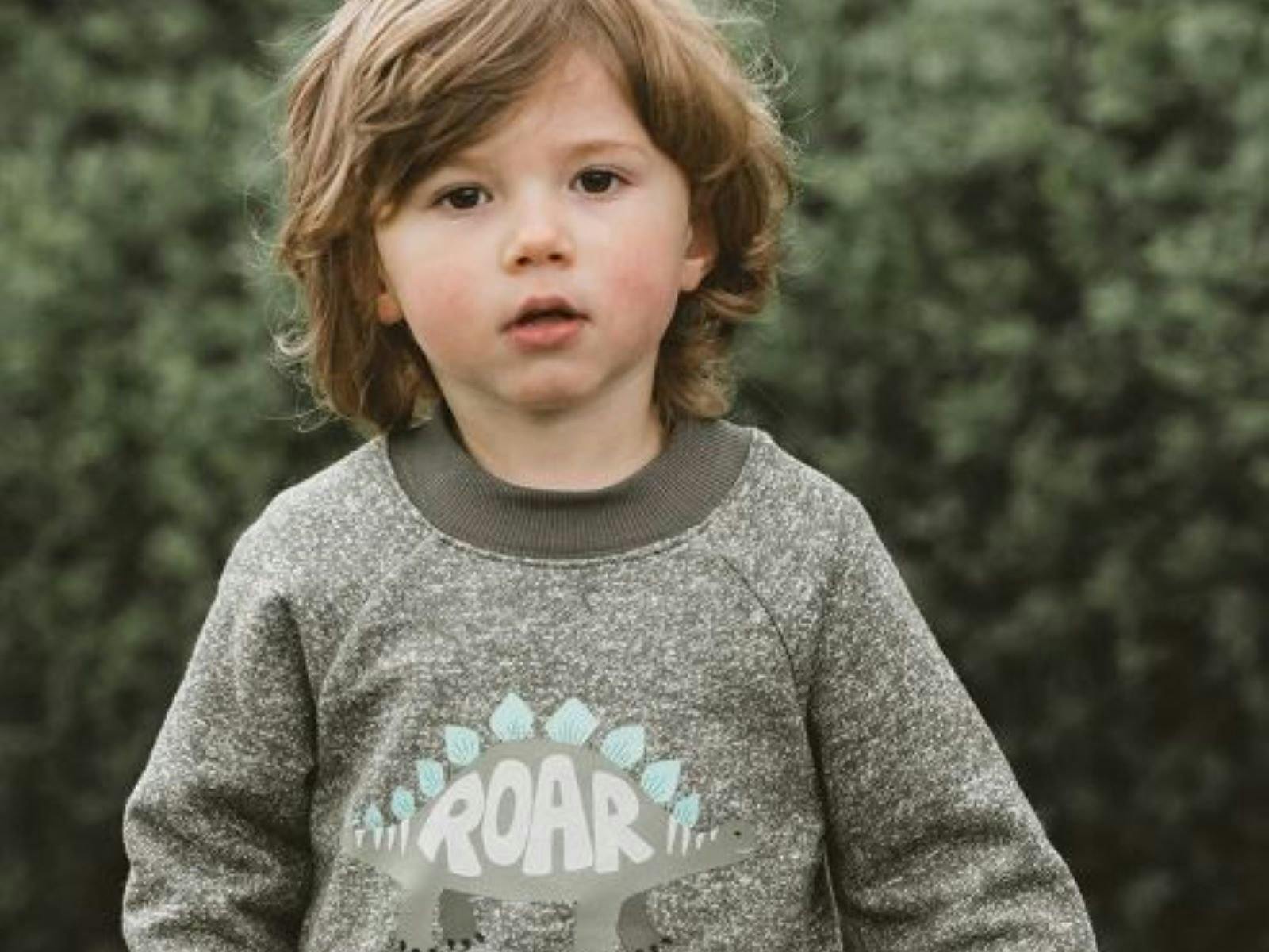 A child wearing a grey/green jumper with a dinosoar on the front