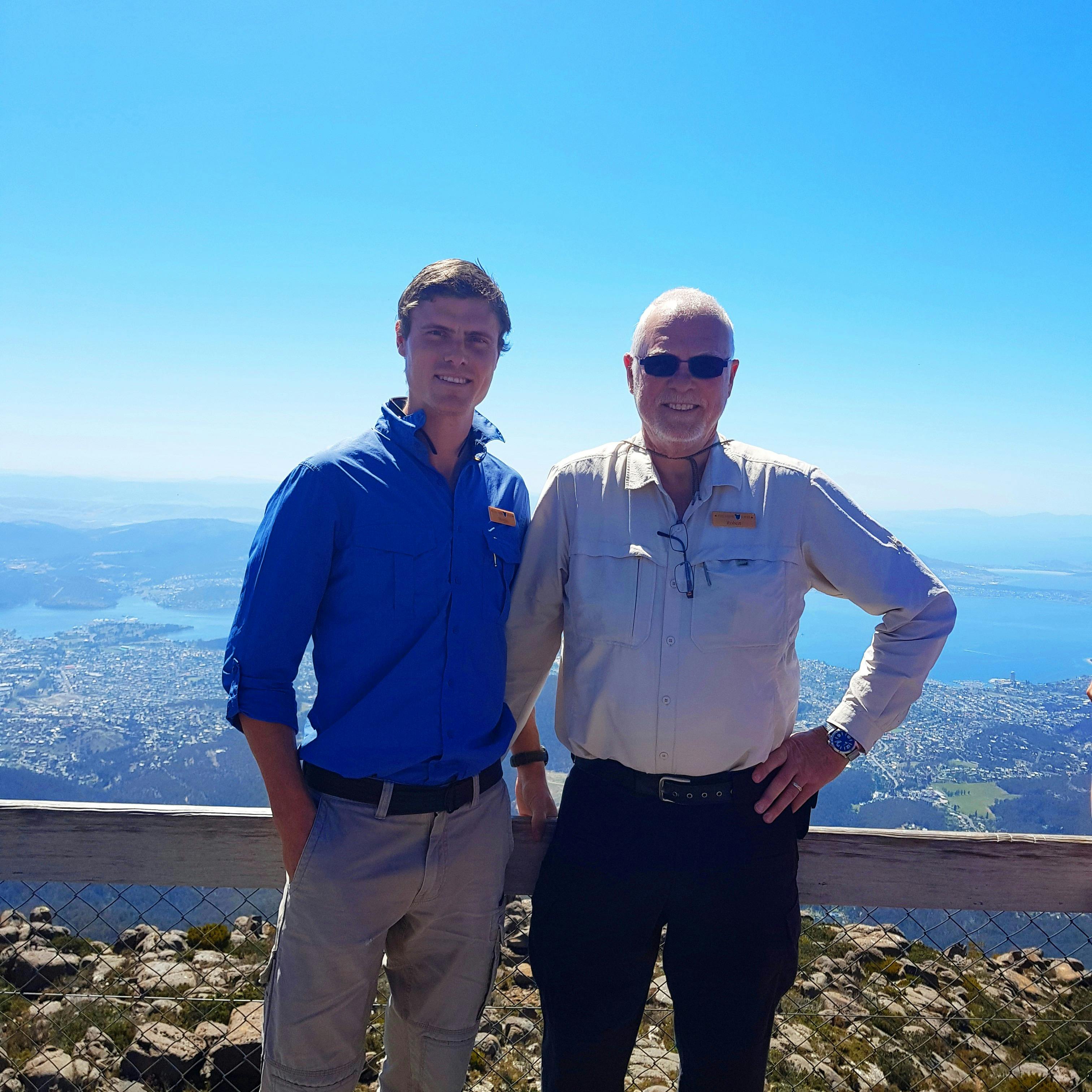 Robert & Morgan Wilson of Fun Tassie Tours atop stunning Mt Wellington lookout.
