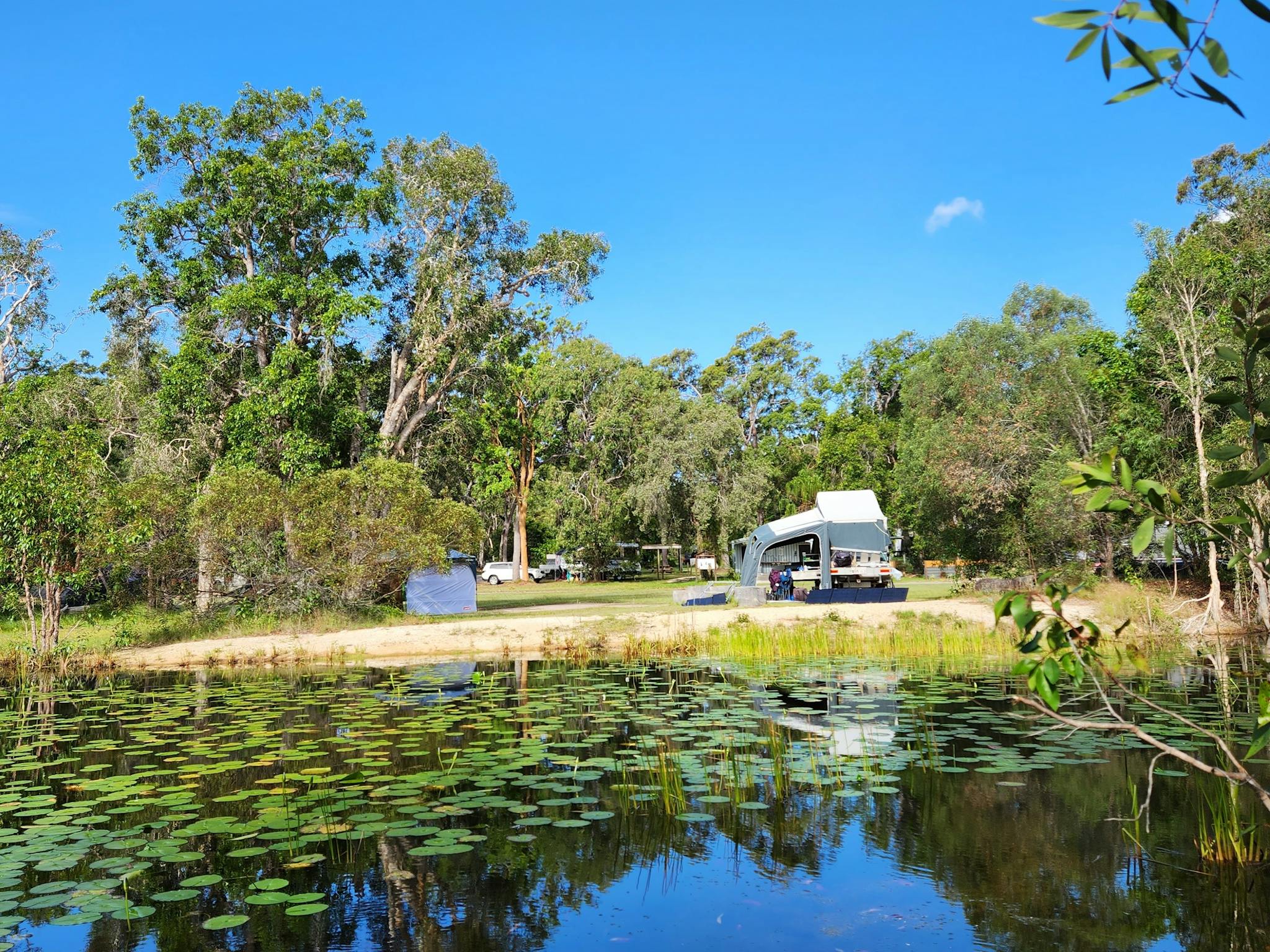 Caravan parked overlooking Lily Pond at Traveller's Rest 1770 in Agnes Water/1770 Queensland Caravan parked overlooking Lily Pond at Traveller's Rest 1770 in Agnes Water/1770 Queensland
