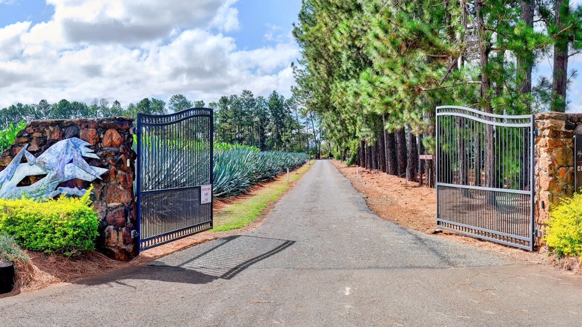Gates and driveway leading to Mt Uncle Distillery