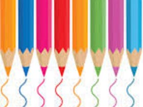 Drawing of coloured pencils. Orange, blue, pink, red and purple. The pencils have drawn curved lines
