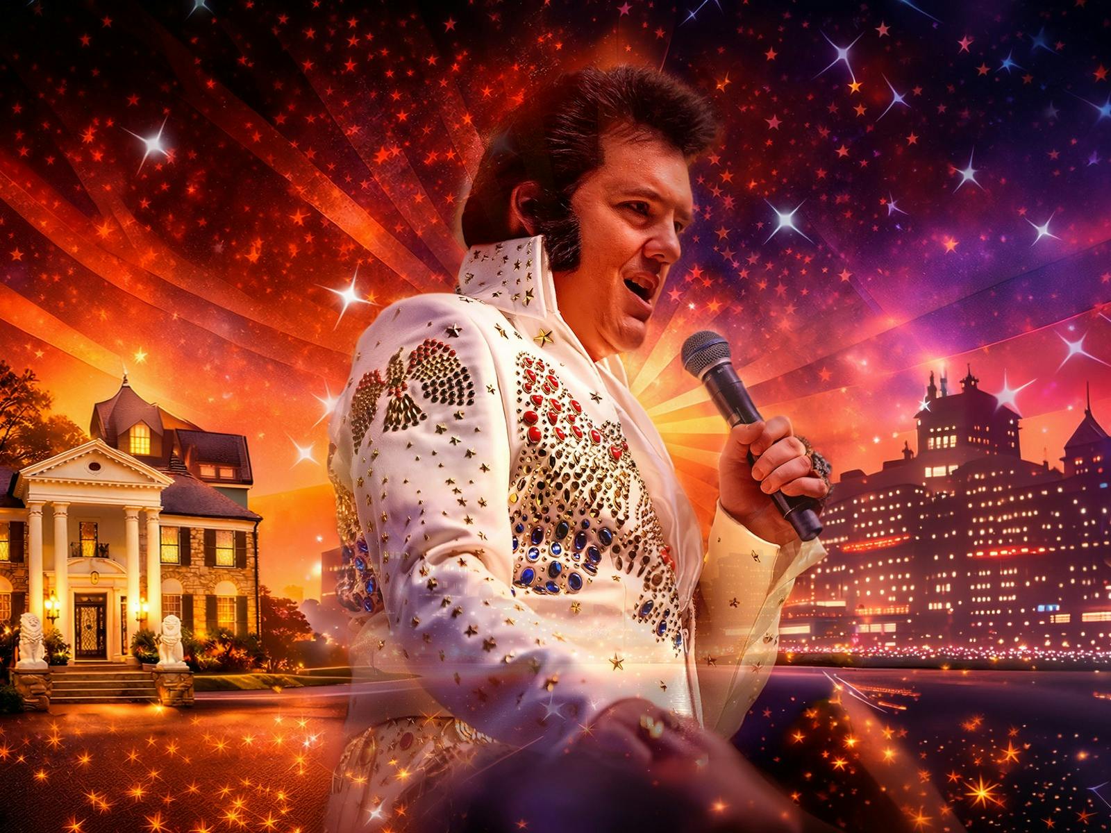 A man dressed in a white jumpsuit holding a mic against a purple and red starry backdrop A man dressed in a white jumpsuit holding a mic against a purple and red starry backdrop