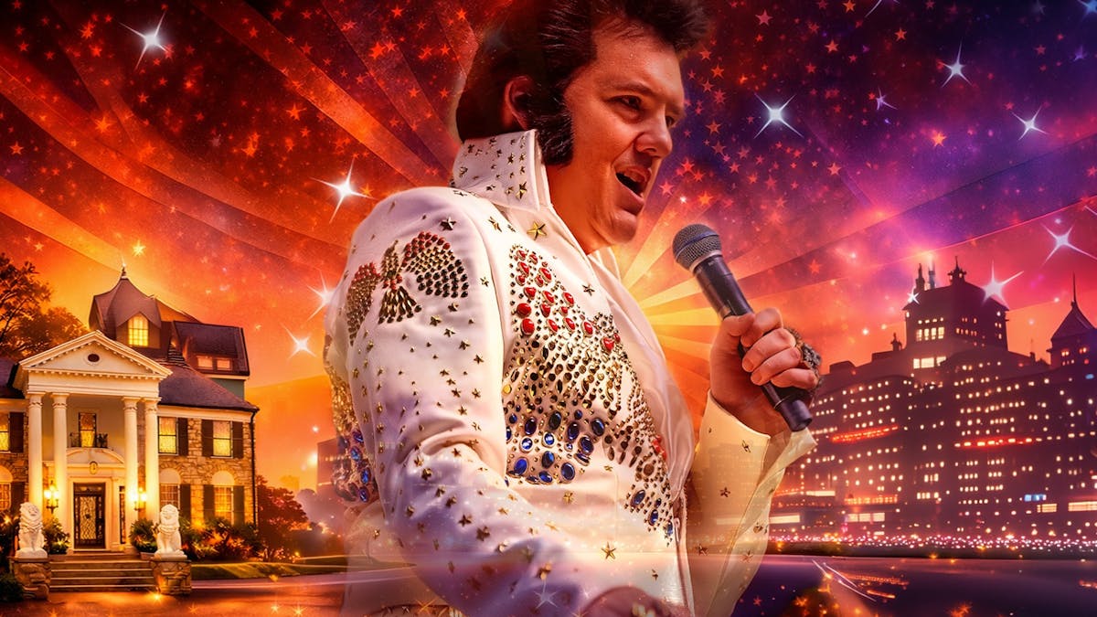 A man dressed in a white jumpsuit holding a mic against a purple and red starry backdrop