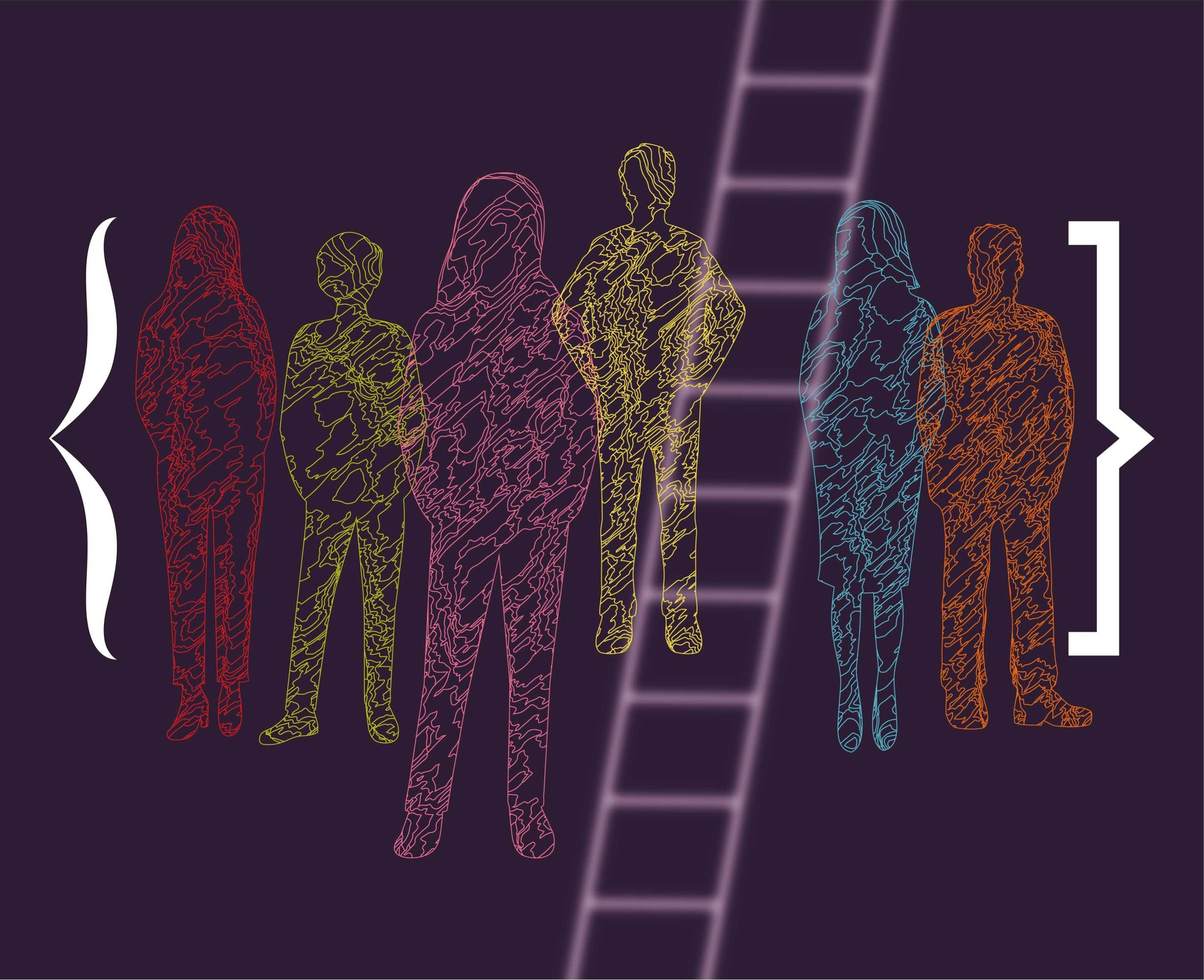 Colourful silhouettes of six people on a dark purple background.