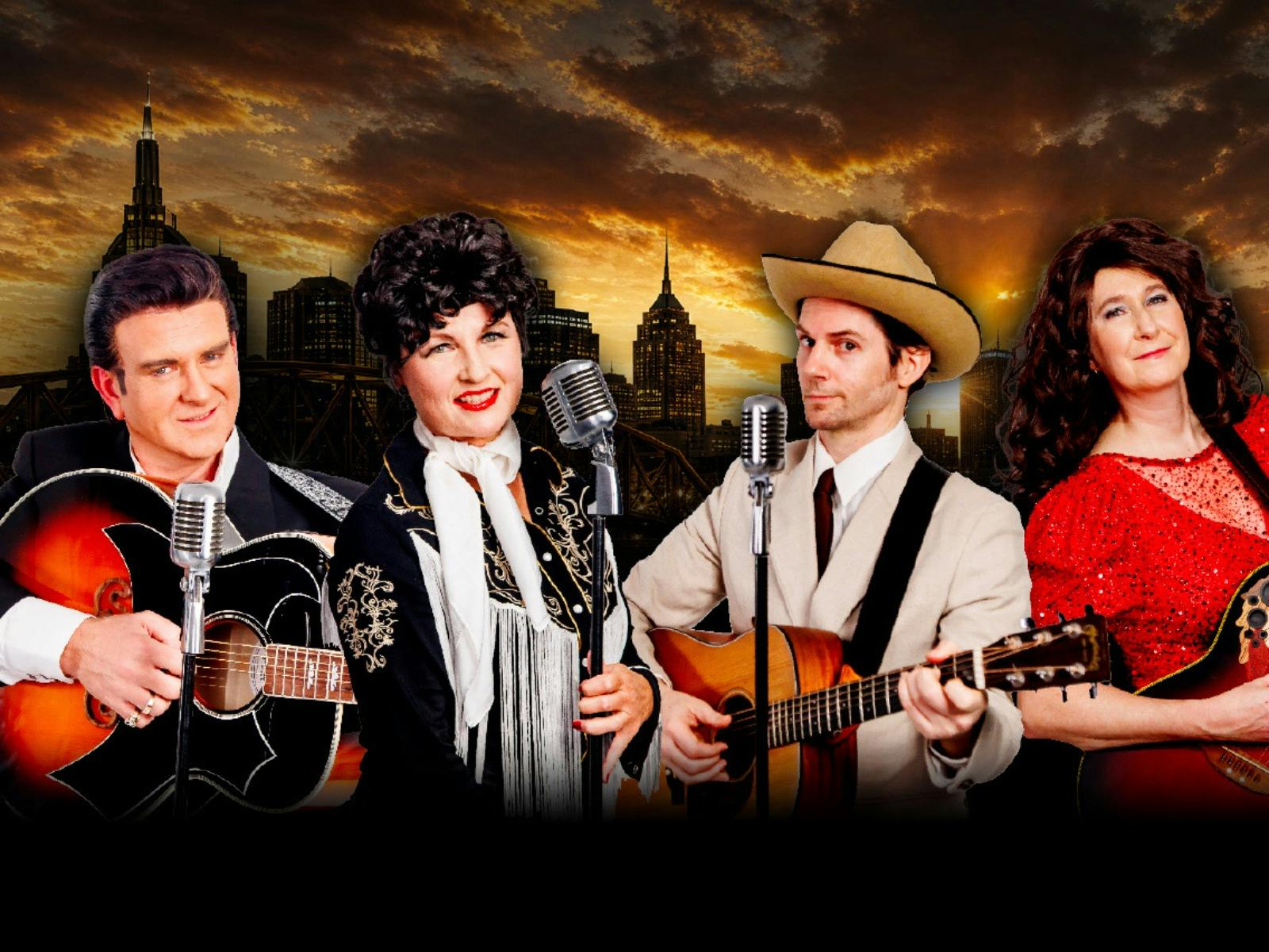 Four musicians in classic country attire hold guitars and vintage microphones before a city skyline.