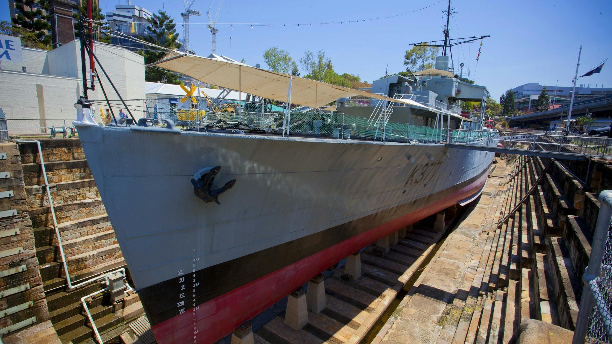 WW2 frigate ex-HMAS Diamantina berthed in the heritage listed South Brisbane Dry Dock