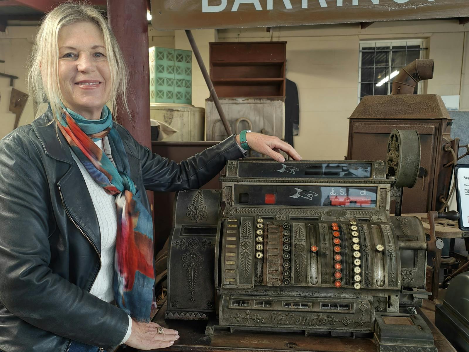 Helene Leane with the National Cash Register at Dungog Museum