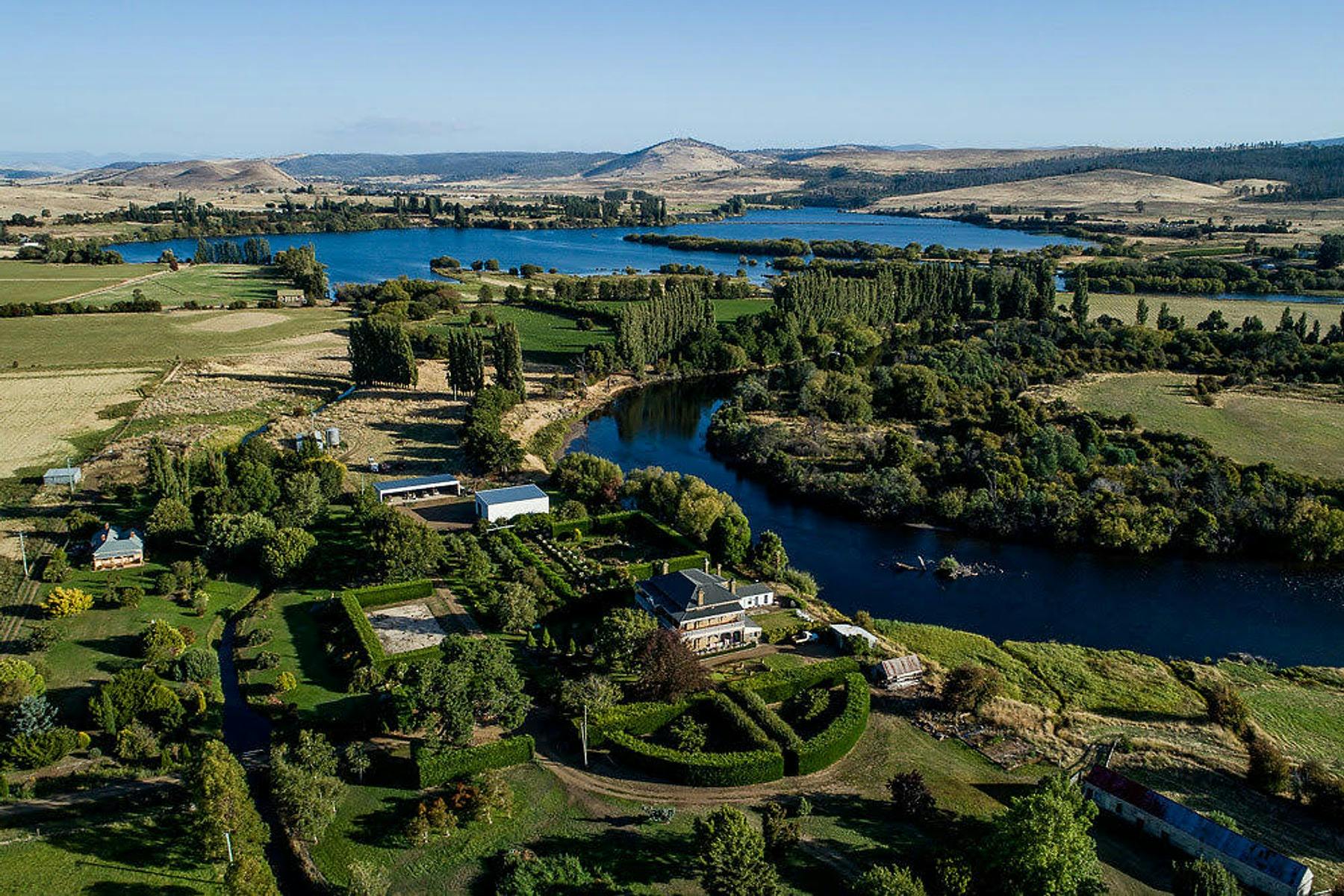 Aerial view of the historic Lawrenny Estate on the Upper Derwent, Tasmania
