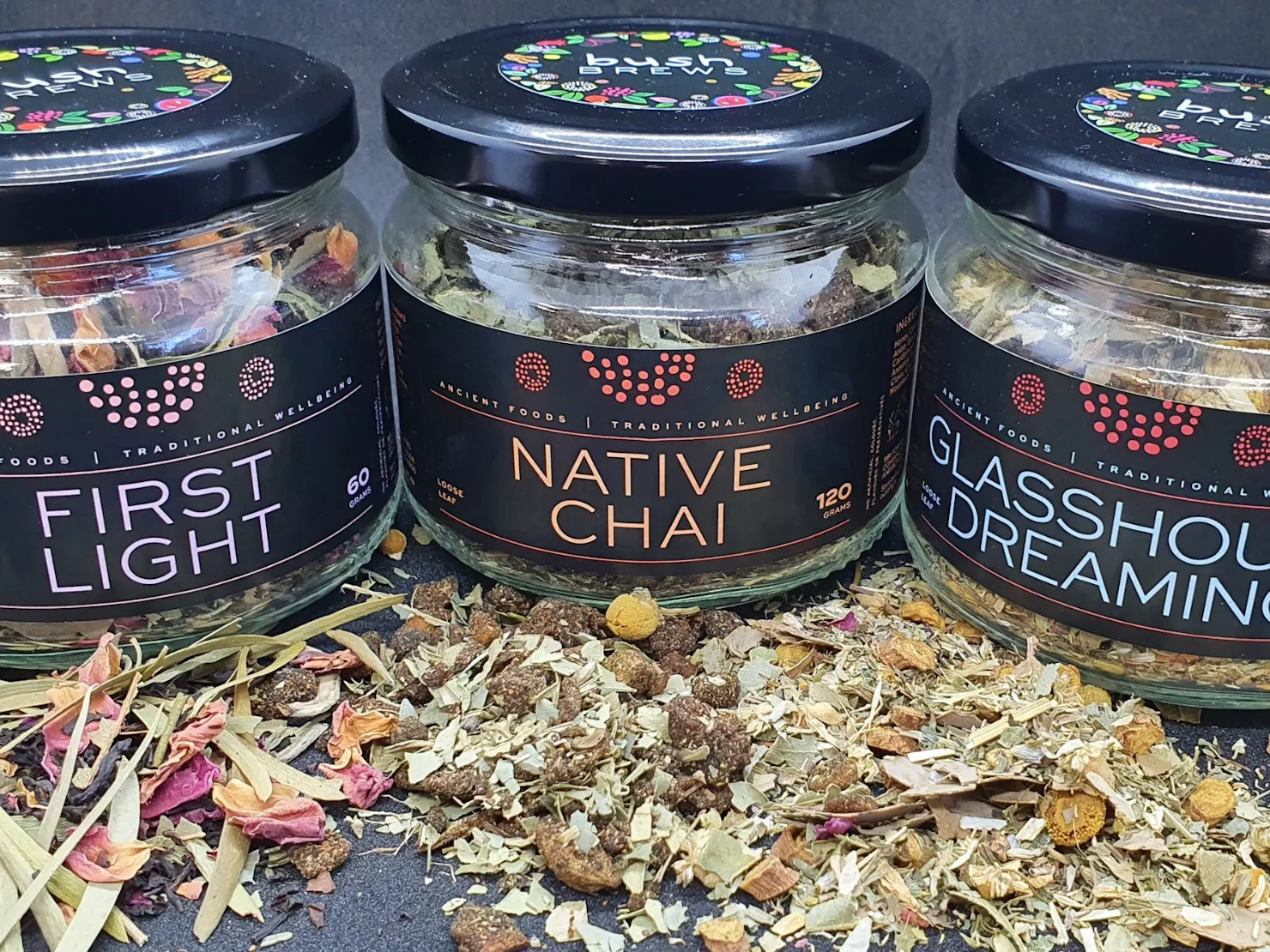 Native bush brew teas in glass jars from My Dilly Bag