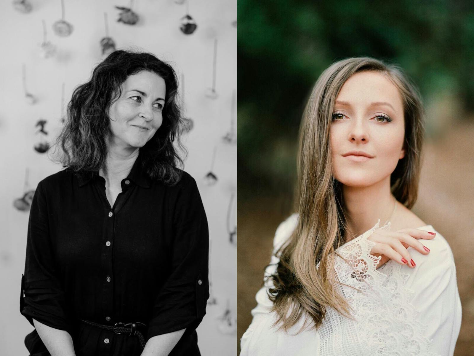 headshots of two women, one in black and white, the other in colour