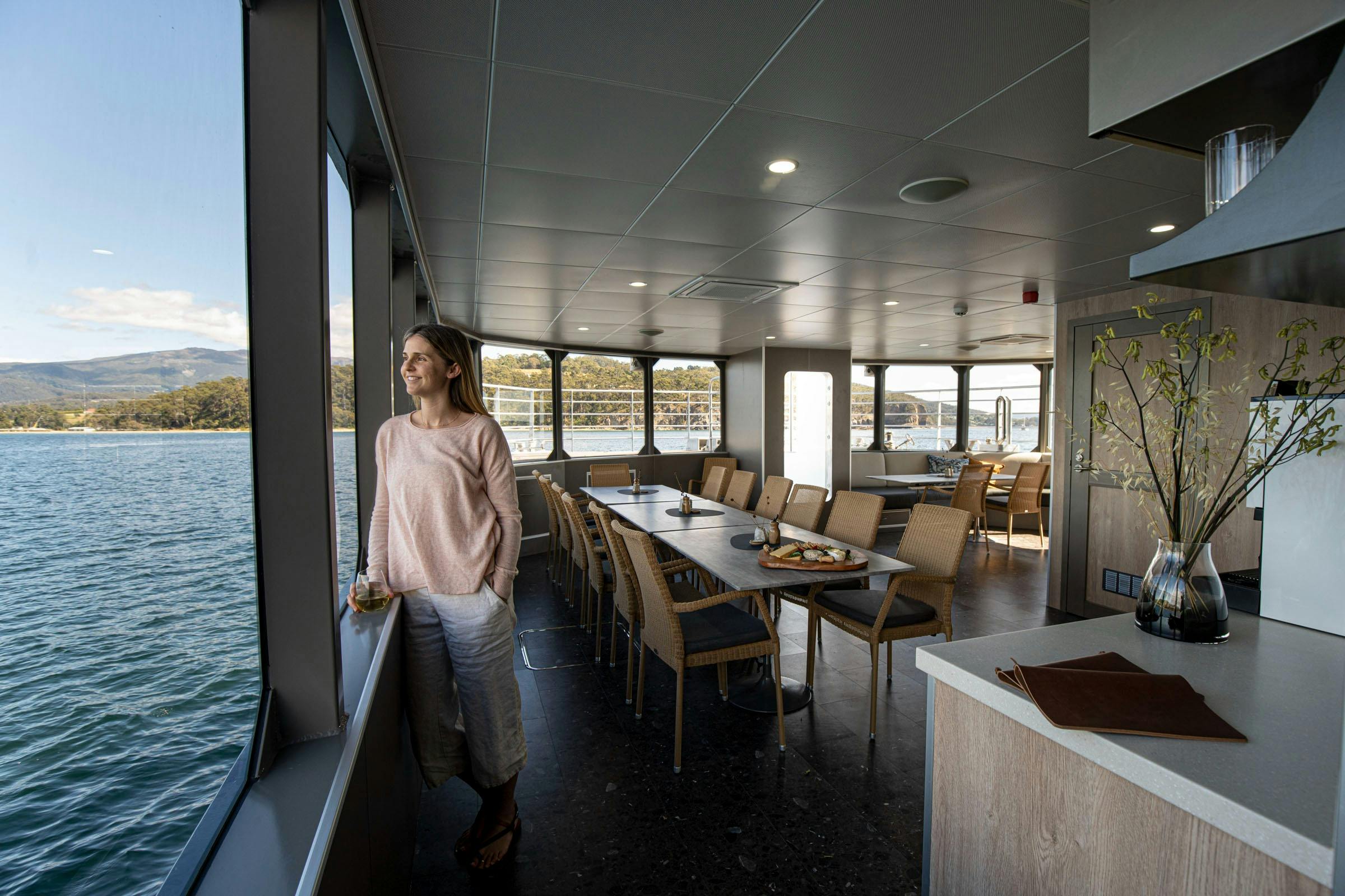 On Board's spacious Dining Room & Bar on expedition vessel Odalisque III