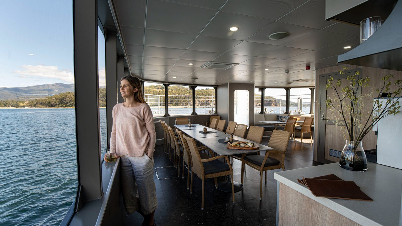 On Board's spacious Dining Room & Bar on expedition vessel Odalisque III