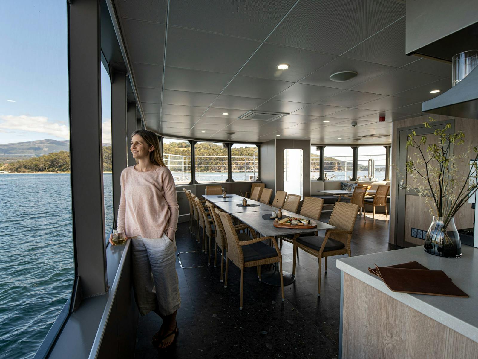 On Board's spacious Dining Room & Bar on expedition vessel Odalisque III