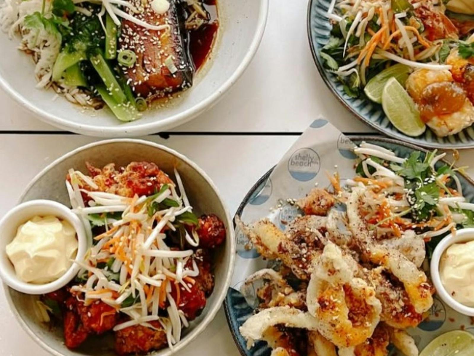 Multiple lunch dishes on a table