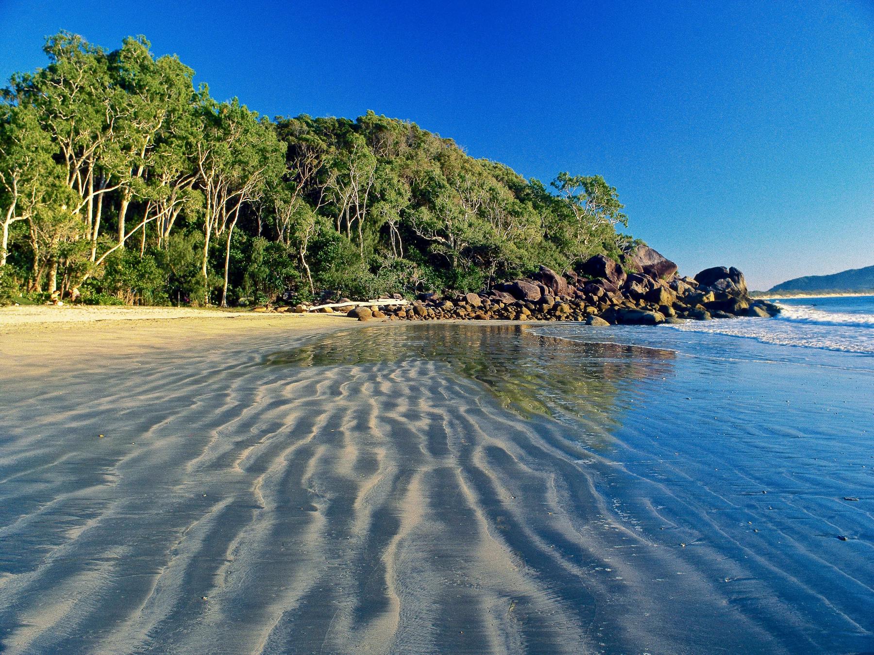 Shallow water covers ripples in the beach sand, with green forested headland in the distance.