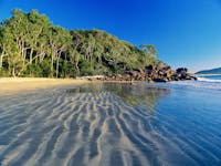 Shallow water covers ripples in the beach sand, with green forested headland in the distance.