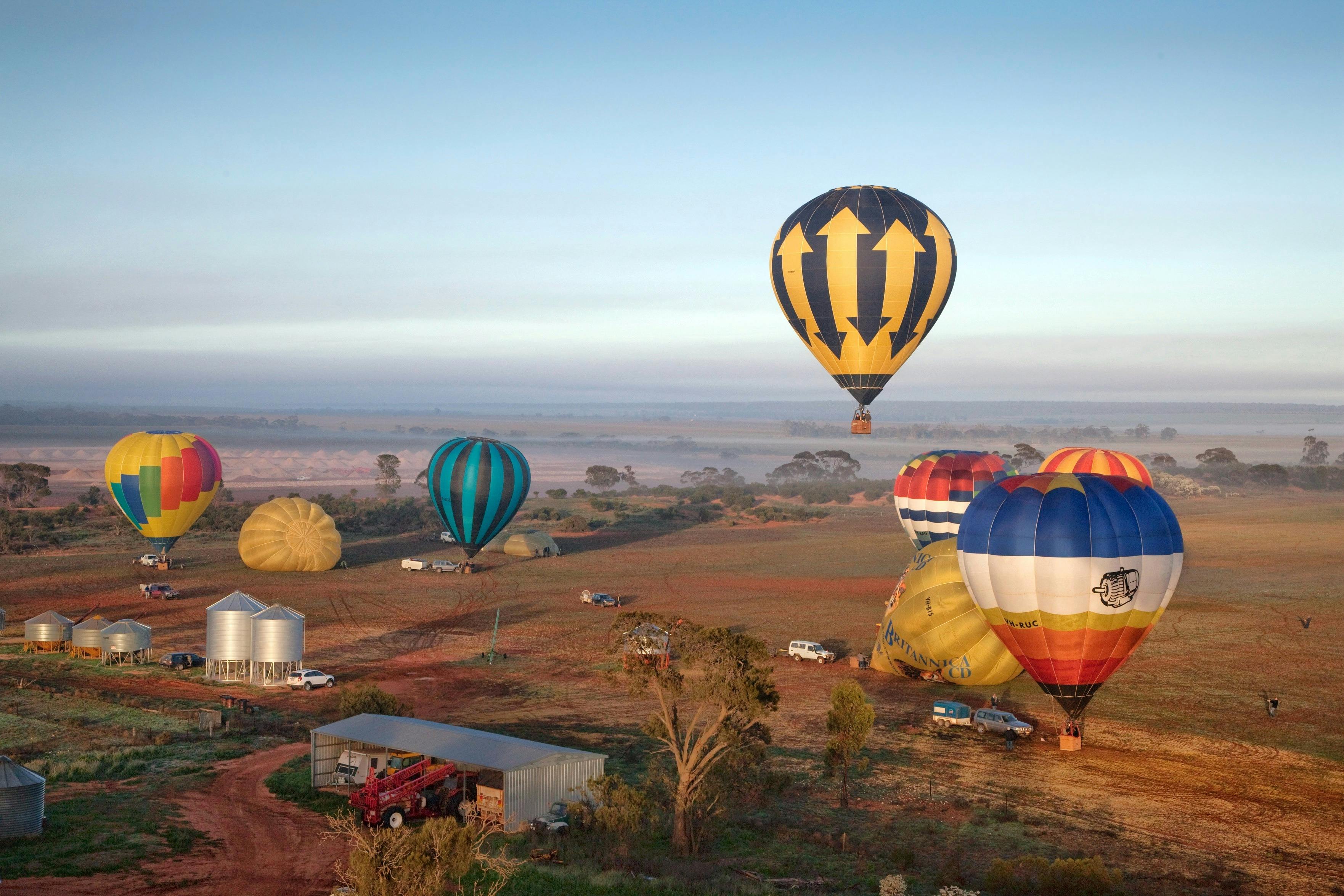 7 balloons flying over Mildura landscape