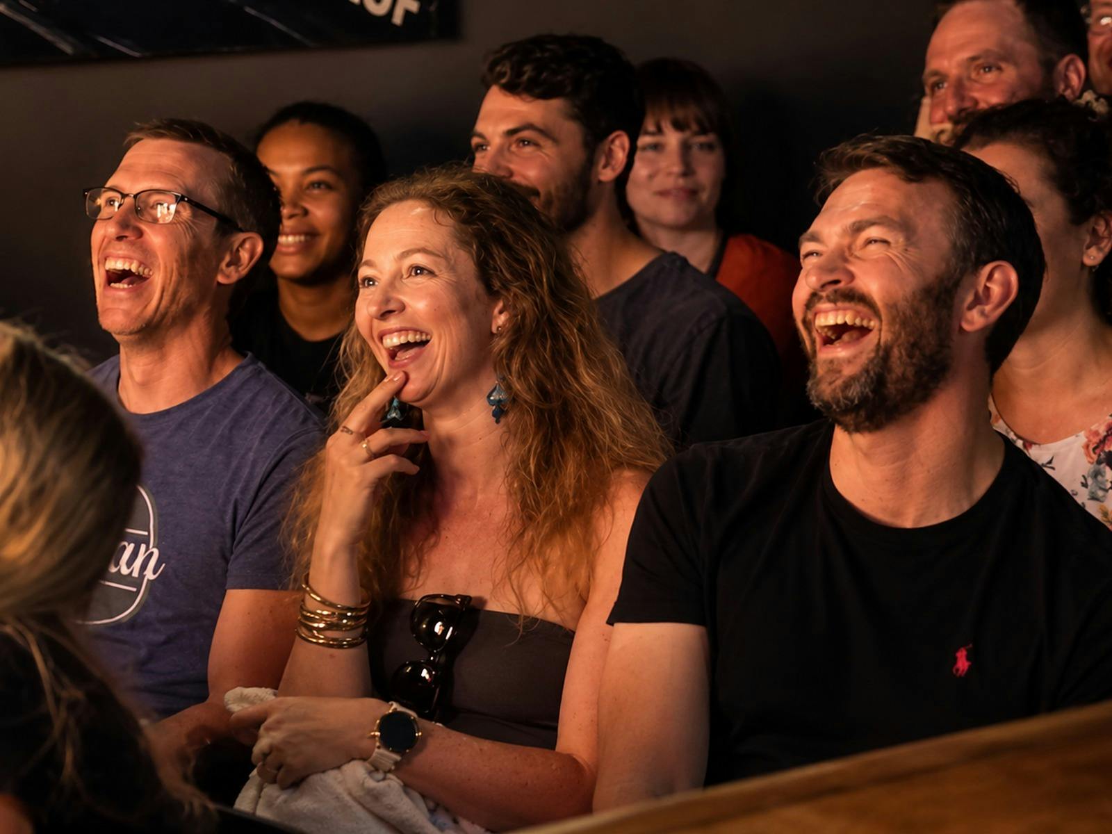 Stand-up comedy night with a packed audience at The Drummer bar in Glebe