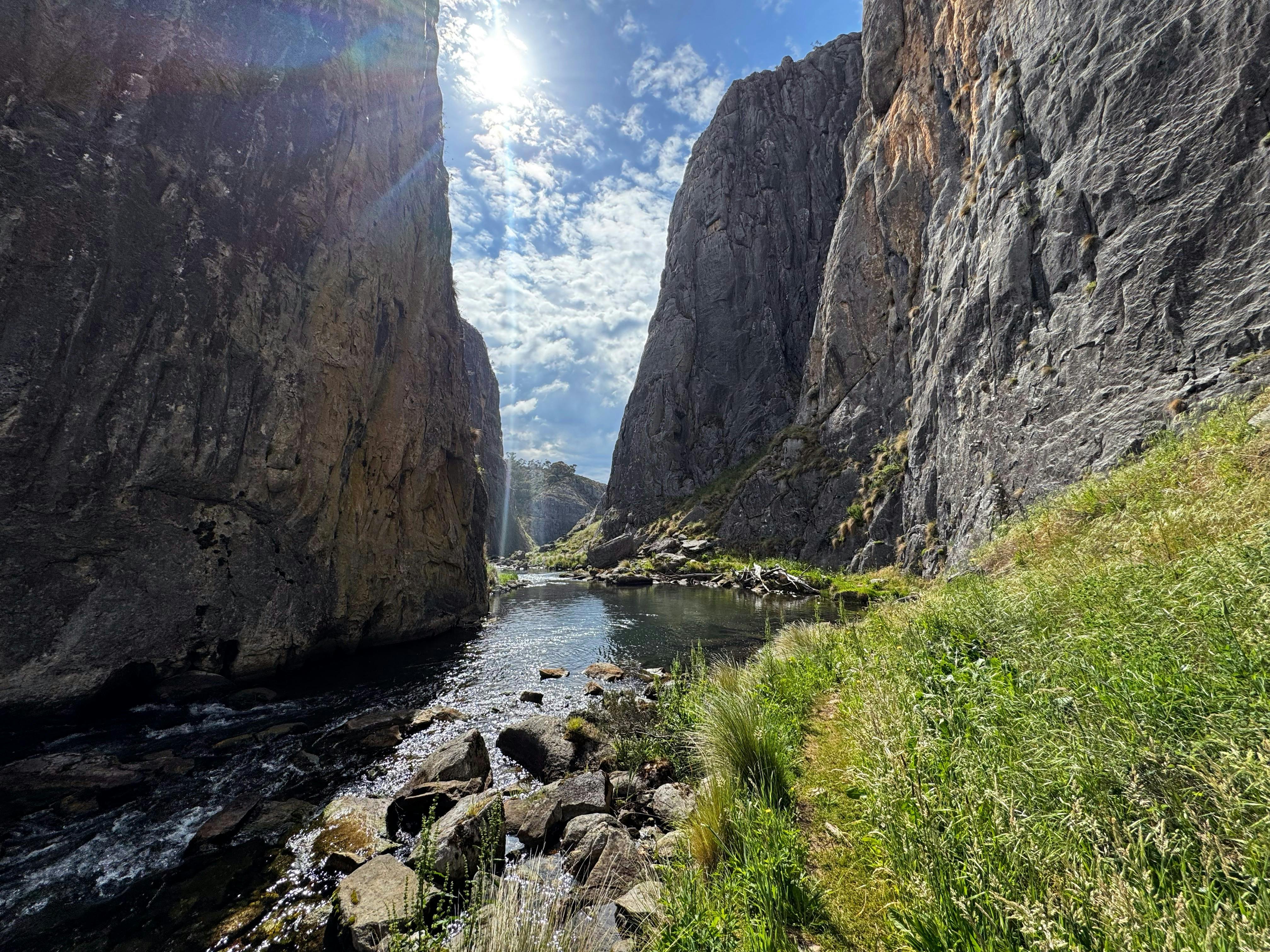 Looking down a limestone gorge with the dun shining through.