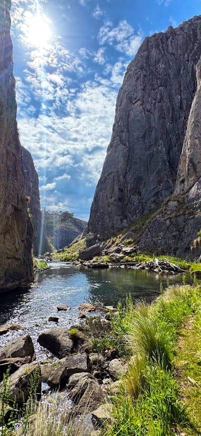 Looking down a limestone gorge with the dun shining through.