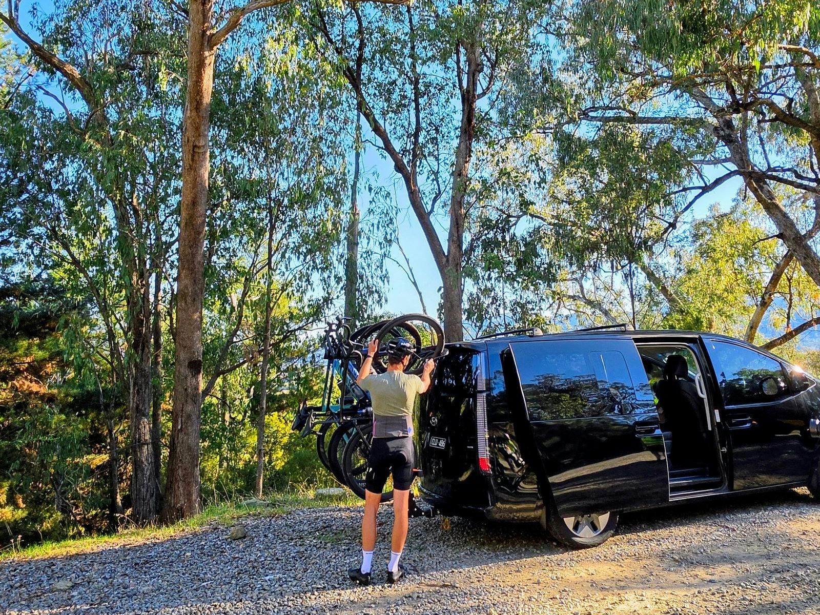 Rider loading up bike on Shingleback Bike Carrier