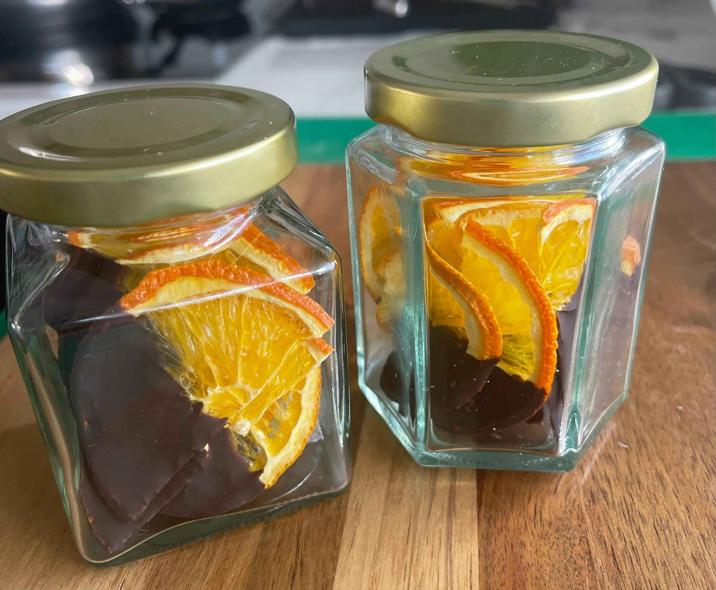 choc dipped orange slices in gift jar