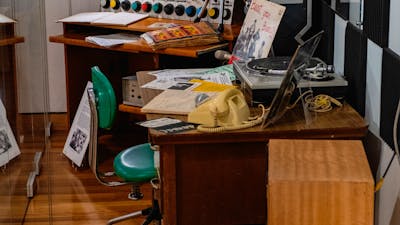 A mock 2XX radio studio on display 2XX People-Powered Radio - Celebrating 50 years at CMAG