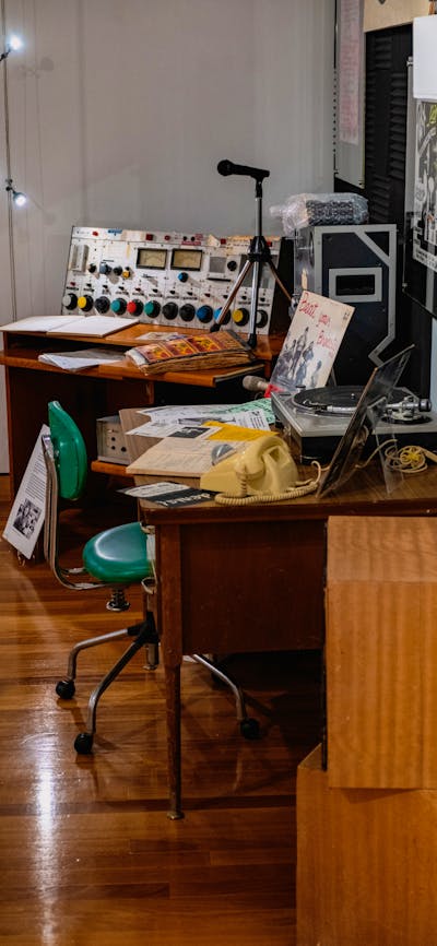 A mock 2XX radio studio on display 2XX People-Powered Radio - Celebrating 50 years at CMAG