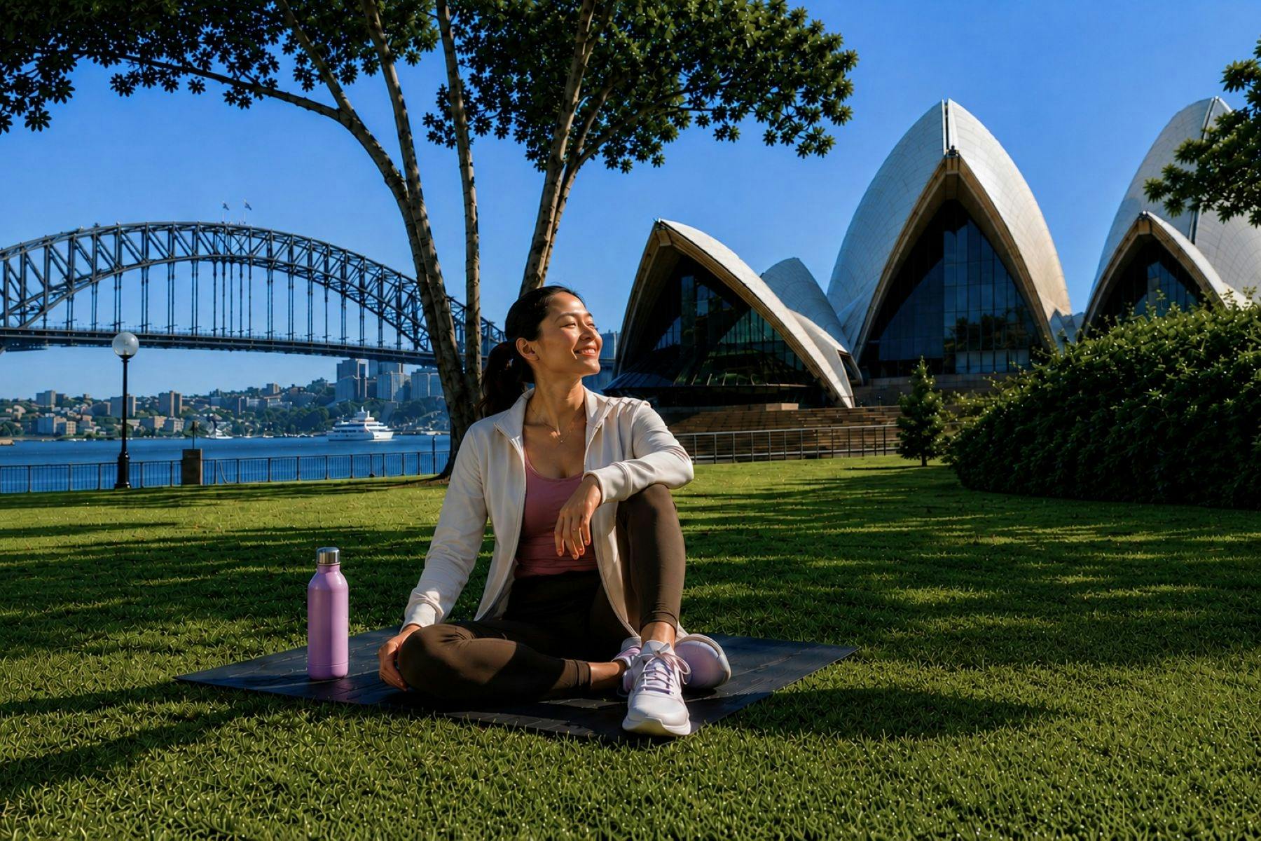 A lady wearing active wear sitting on a yoga mat in front of the Sydney Opera House, Harbour Bridge
