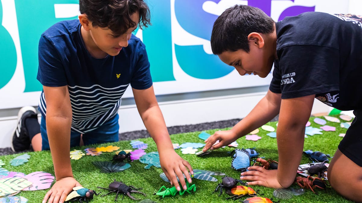Two young boys playing with plastic insects at 'Minibeasts' Imaginarium exhibition