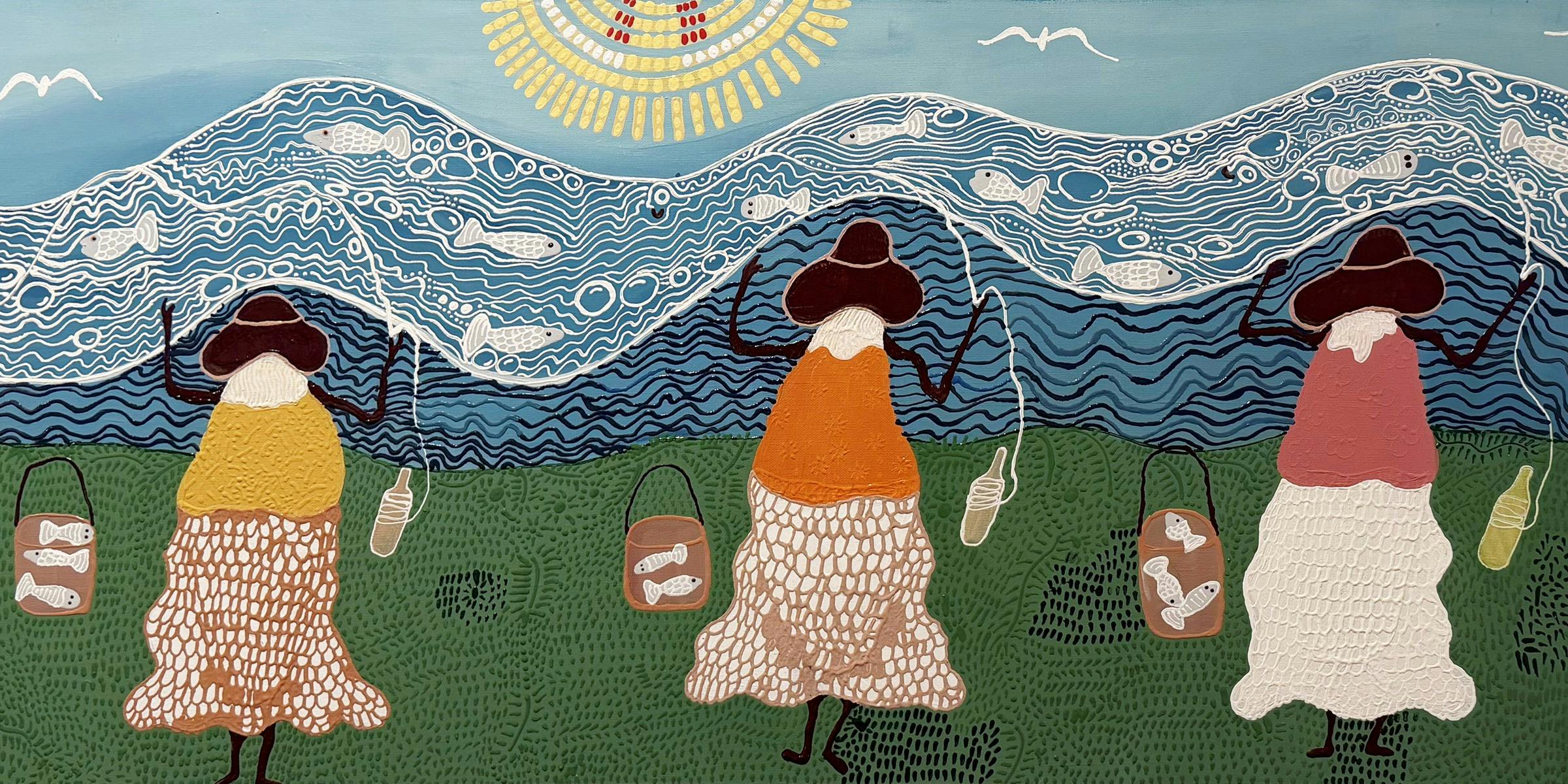 This image is of a painting of three sisters fishing by Sonya Breckenridge