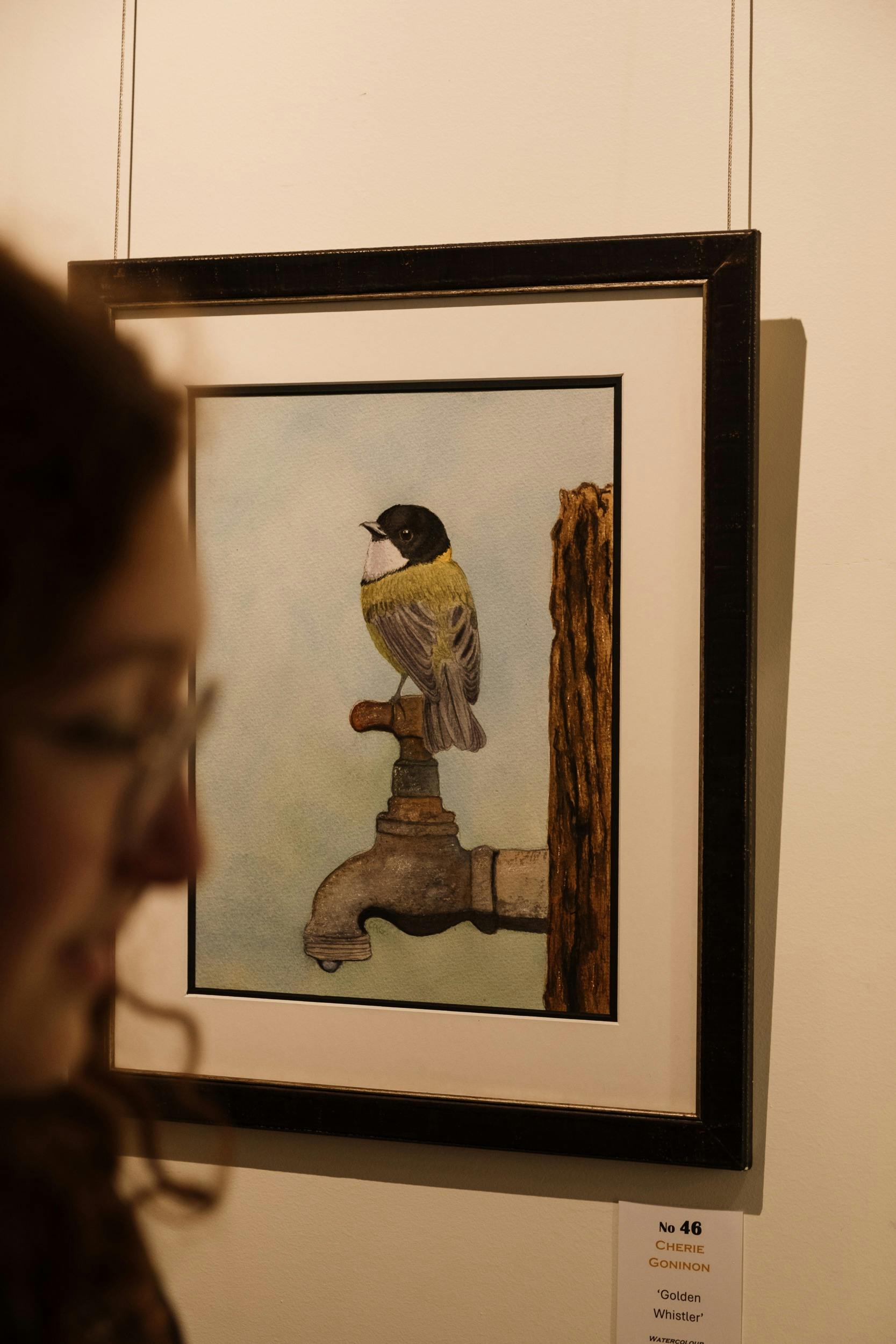 Person looking at bird painting
