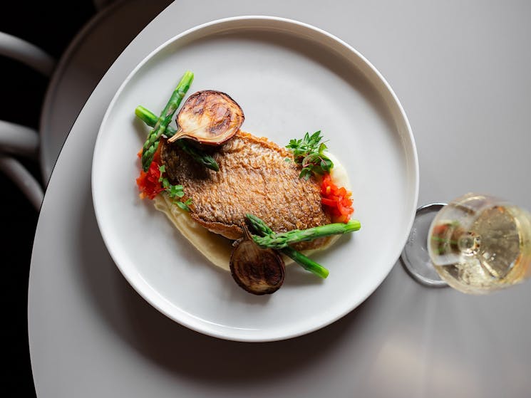 Pan-Fried Snapper w/ Parsnip Purée, Roasted Baby Eggplant + Asparagus