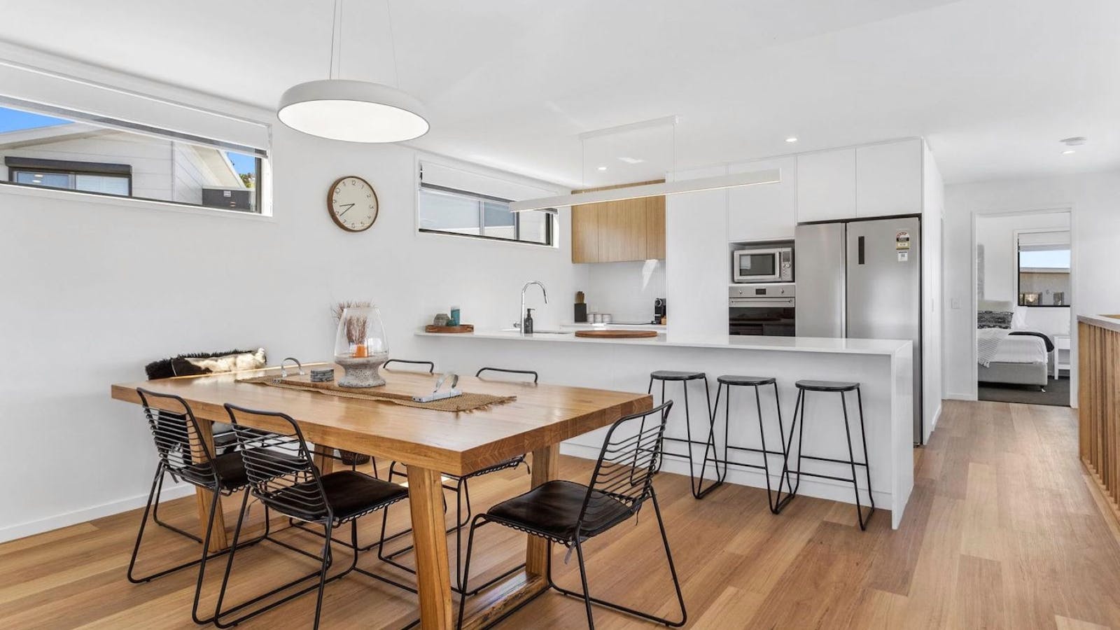 OPen plan living with large dining and kitchen area