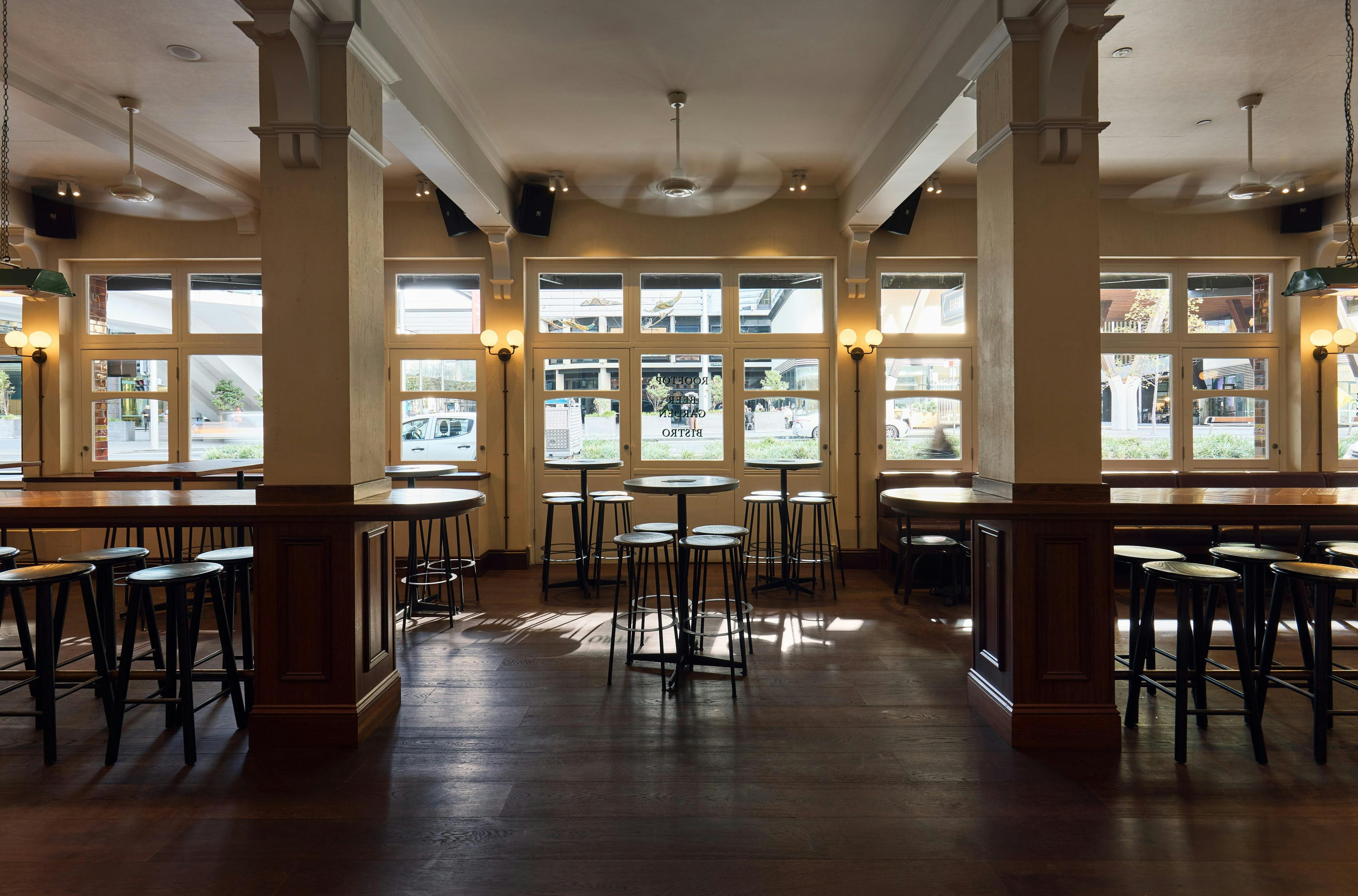 Looking out over Sussex Street from within the bar