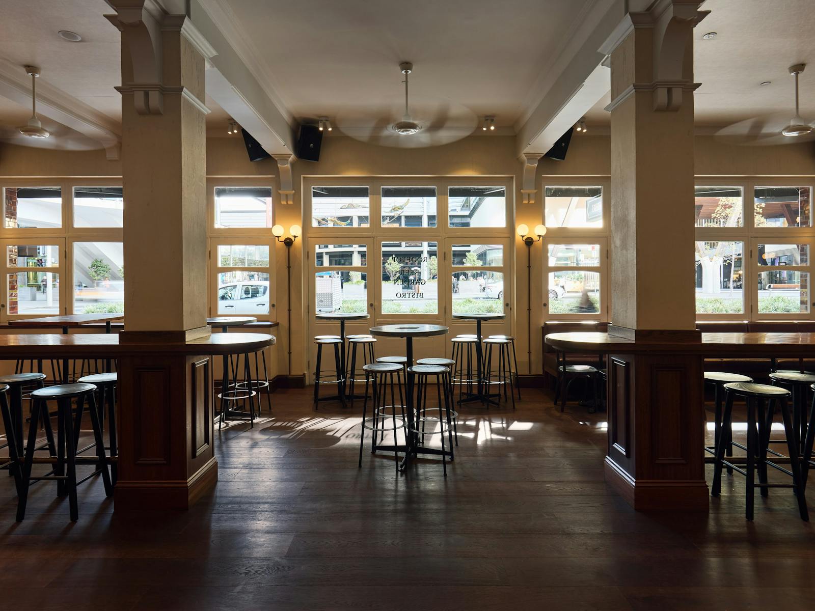 Looking out over Sussex Street from within the bar