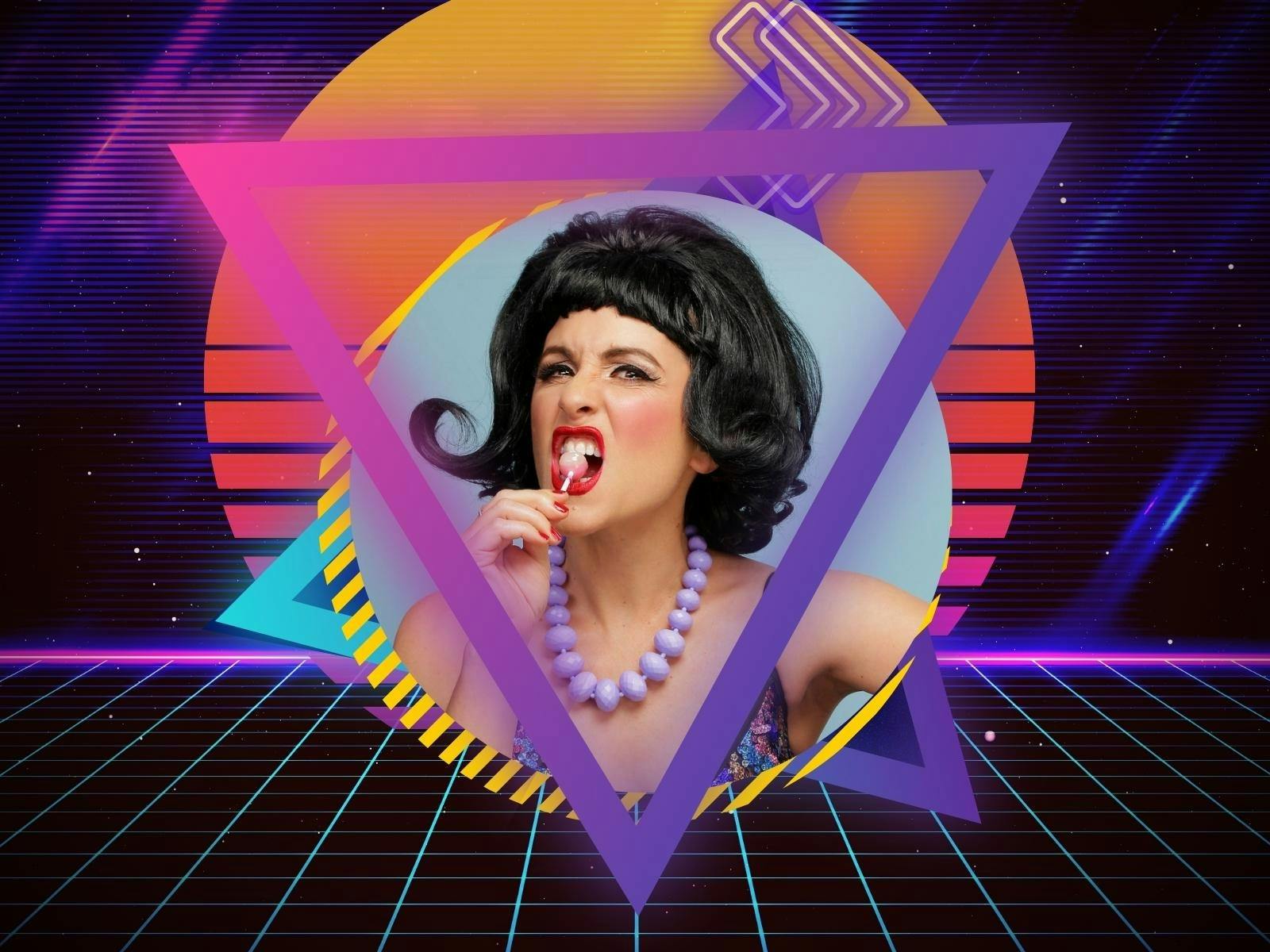 Lucy Best in an 80s style frame eating a lolly pop