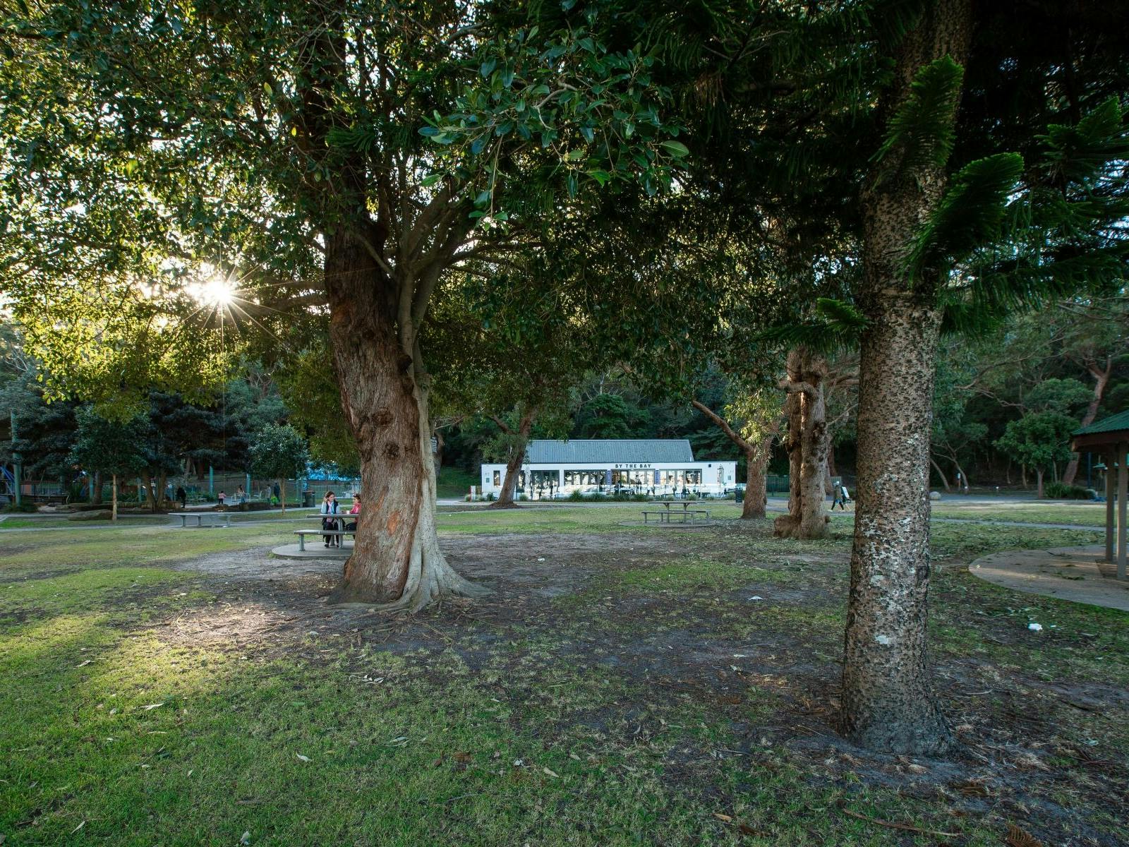 一片树荫区,有人坐在长椅上,长椅后面是一栋咖啡馆建筑。