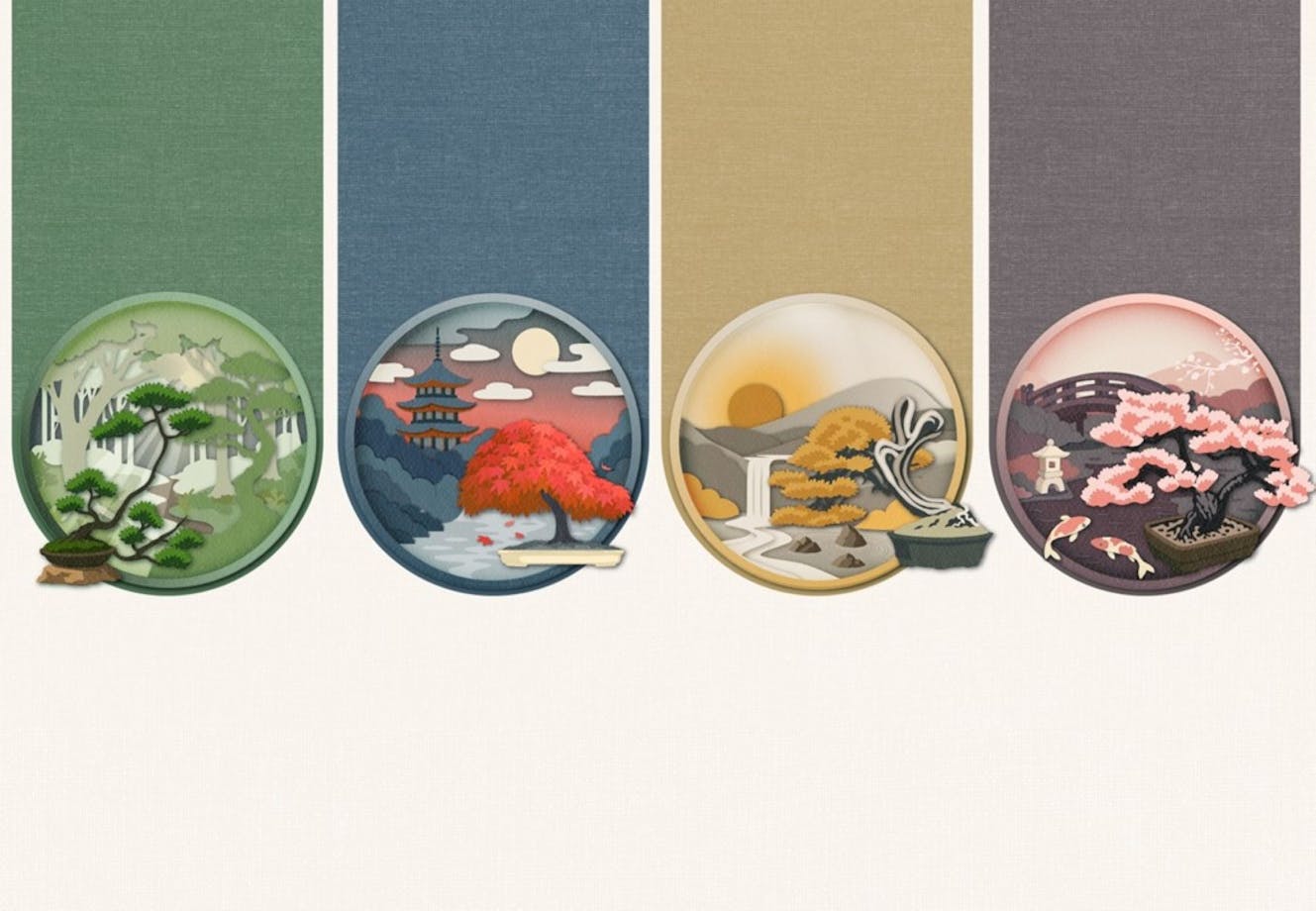 Four artistic depictictions of bonsai trees infront of traditional Japanese icons