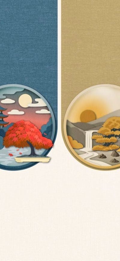 Four artistic depictictions of bonsai trees infront of traditional Japanese icons