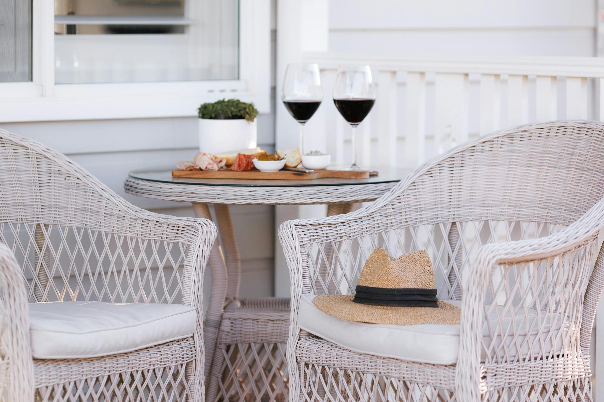 Grazing board and wine enjoyed on back patio